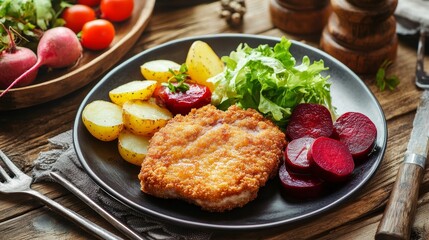 Delicious breaded fried pork chop with boiled potatoes, fresh vegetables, and beets on rustic table