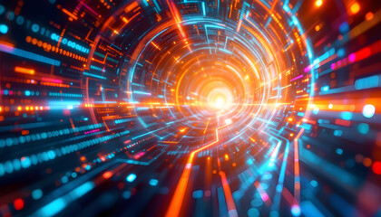 Digital Tunnel with Orange and Blue Light Effects - Technology Abstract Background