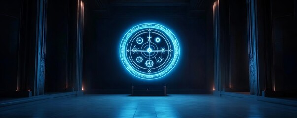 AI-powered zodiac projection displaying holographic astrology symbols in a futuristic temple