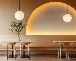 Highend minimalist restaurant with sleek wooden tables, neutraltoned seating, and soft ambient lighting
