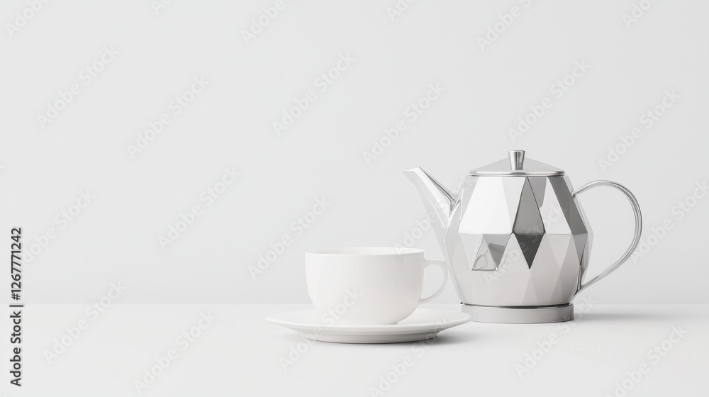 Poster Shiny Metallic Teapot with Simple Geometric Patterns Next to White Cup and Saucer on Minimalist Background