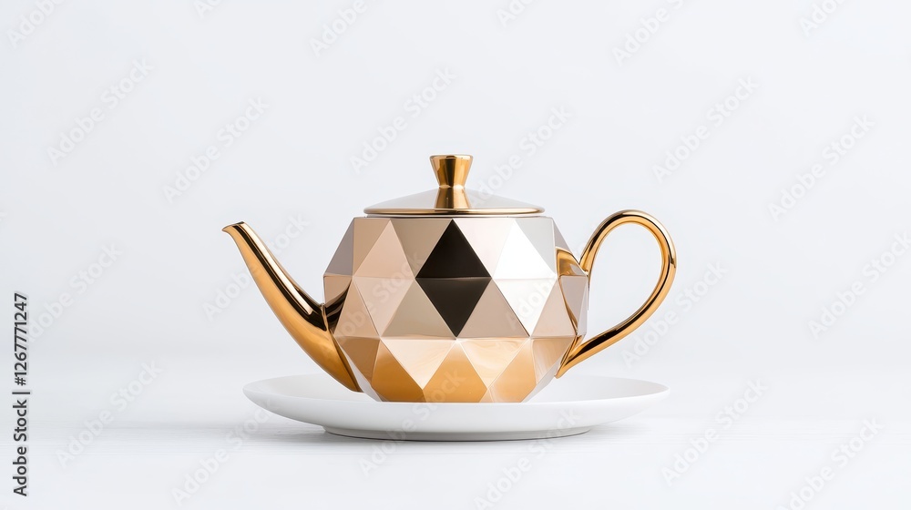 Poster shiny metallic teapot with simple geometric pattern in elegant presentation