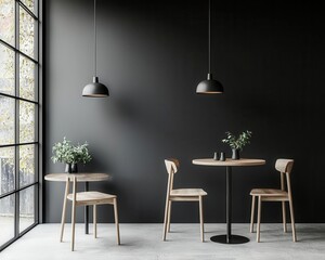 Sleek minimalist urban cafe with industrial accents, blackandwhite decor, and a refined, simple ambiance