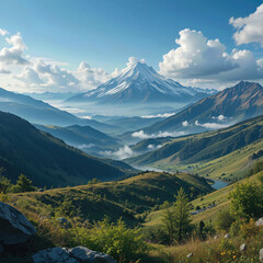 Fototapeta premium Majestic mountain peak covered in snow under partly cloudy sky and lush green valleys creates sense of awe and wonder