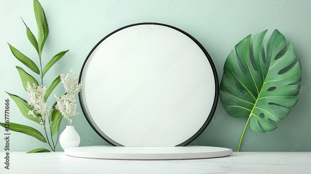 Poster elegant minimalist display with green leaves and circular frame