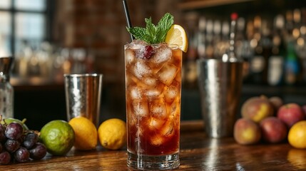 Iced Tea Cocktail with Invigorating Chill against Rustic Bar