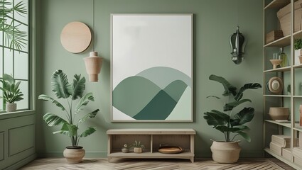 Minimalist poster mockup frame with sage green interior