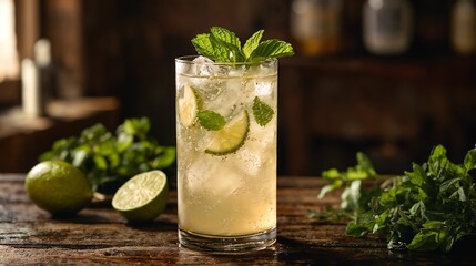 Vibrant Mojito Cocktail with Fresh Mint in Rustic Setting
