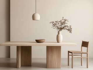 Elegant minimalist dining area with a simple wooden table, sculptural pendant lighting, and neutral color tones