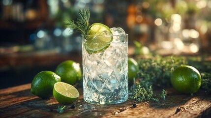 Elegant Gin and Tonic Cocktail with Lime and Rosemary Garnish
