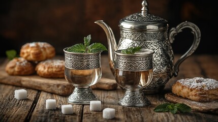 Ornate Silver Tea Set with Cream Puffs on Rustic Wood
