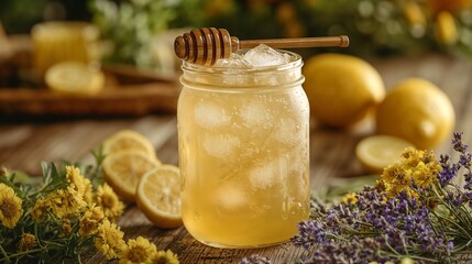 Rustic Honey Lemon Drink in Mason Jar on Wooden Table
