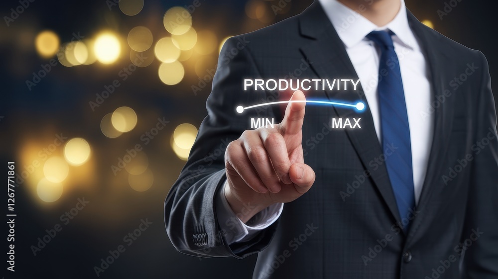 Poster businessman adjusting productivity slider with finger on maximum setting