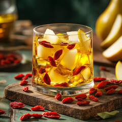 Pear Goji Drink Rustic Amber Beverage against Sunlit Autumn Background