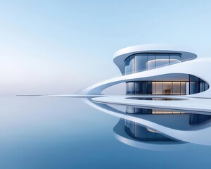 Fototapeta premium Modern minimalist futuristic home with curved architecture, digital walls, and smart technology integration
