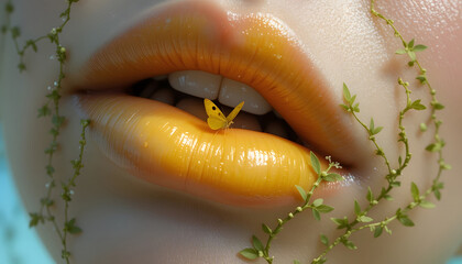 An extreme close-up of soft pink lips, symbolizing a time before pollution, adorned with delicate green vines and a tiny yellow butterfly, evoking purity and nature’s harmony.