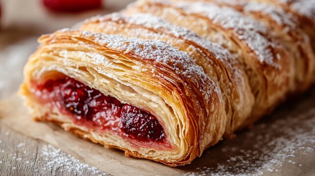 A close up of a raspberry almond Danish with layers of crispy puff pastry, gooey raspberry filling, and a dusting of powdered sugar, isolated on a neutral-toned surface