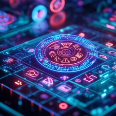 Obraz premium Cyberpunk zodiac glyphs displayed as floating neon holograms, digital mysticism