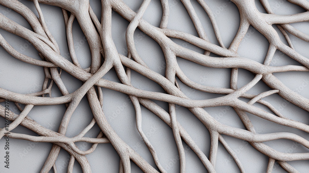 Poster intricate close-up of tangled tree roots creating an abstract pattern on a neutral background