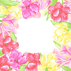 Obraz premium Hand drawn watercolor delicate tulips with green leaves frame border. Illustration of flowers isolated on white background. Can be used for postcard, invitation, scrapbook and other printed products.