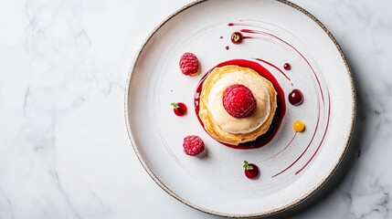 A contemporary food styling shot, where a raspberry almond Danish is plated with geometric precision, with minimalist garnishes and clean lines