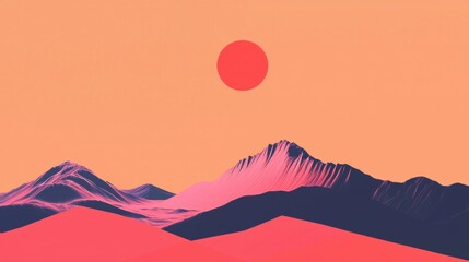 Abstract landscape with a mountain range in the background. the sky is a gradient of orange and pink, with the sun in the top right corner.