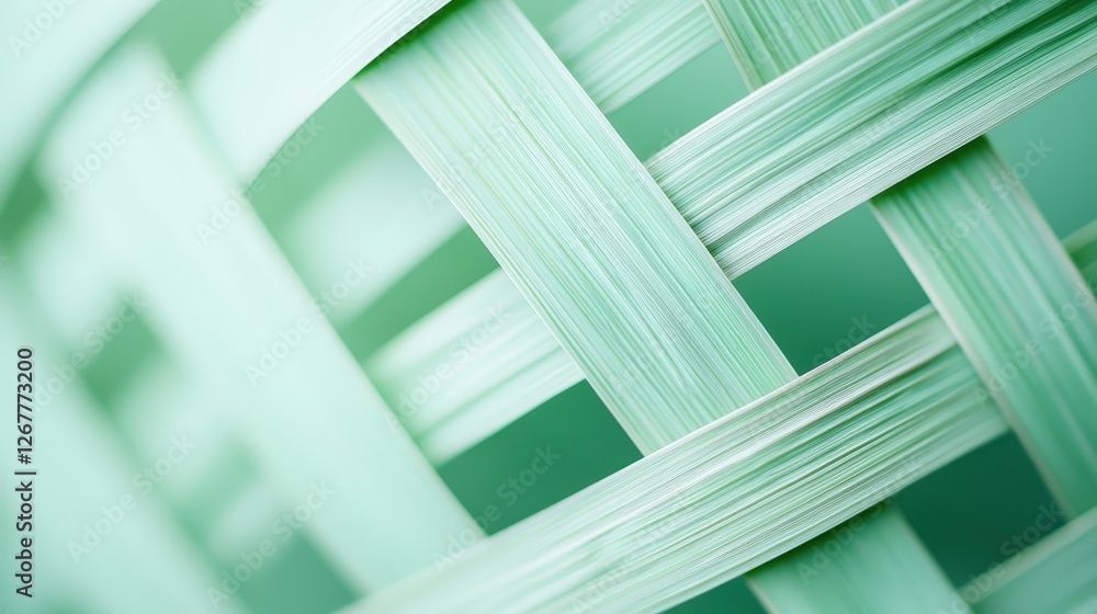Poster close-up abstract view of woven grass fibers creating intricate patterns in soft green tones