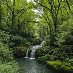 Naklejka premium Green forest with mossy rocks and stream cascades serene scene, showcasing nature beauty and creating sense of tranquility