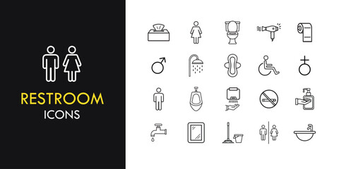 Restroom Line Icon Set, Outline web icons collection containing Bathroom, Toilet, Accessibility Signs, and more.  Vector illustration in line style 