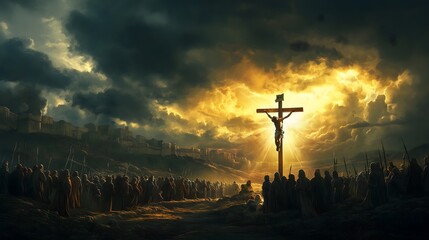 A Dramatic Scene of Jesus on the Cross at Golgotha, Crucifixion, Christian Faith, Jesus Christ, Holy Sacrifice, Redemption, Bible Story, Salvation, Biblical Event, Sacrifice for Humanity