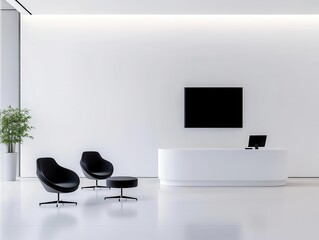 Airy minimalist office space with white walls, floating desks, and sleek contemporary seating