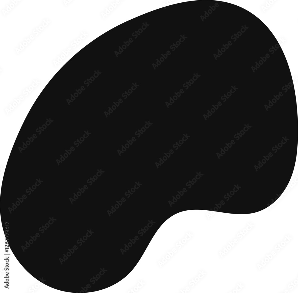 Poster featuring a simple black, irregular, rounded abstract blob shape on a white background, creating a s