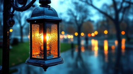 Rainy evening lantern illuminates park path