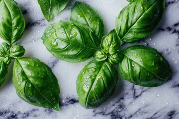 Obraz premium Vibrant fresh basil leaves glistening with water droplets on a cool marble surface offer a natural, culinary-inspired visual for various creative projects.
