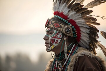 A highly detailed tribal mask with complex patterns and textures, partially covering a person&rsquo;s face, representing cultural identity, spiritual beliefs, and ancestral connections.