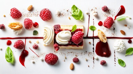 A deconstructed artistic display of a raspberry almond Danish, with each ingredient laid out in an elegant, modern art-inspired presentation