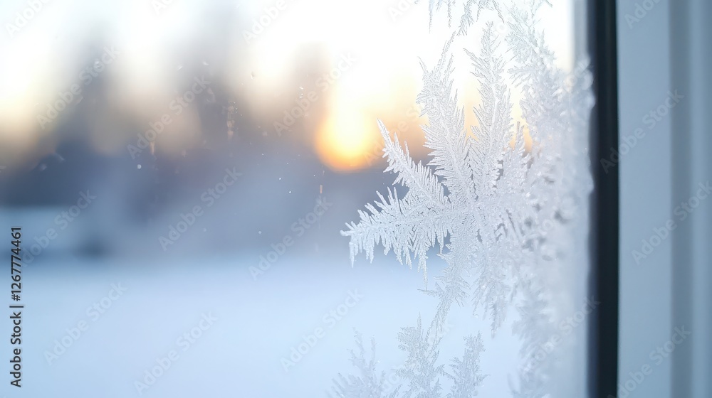 Poster detailed close-up of frost patterns on a frosted window with soft sunset background