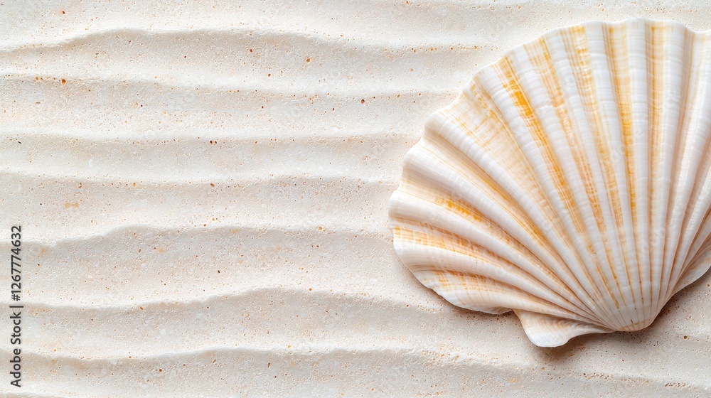 Poster detailed close-up of a shell on a sand surface with visible grooves and textures