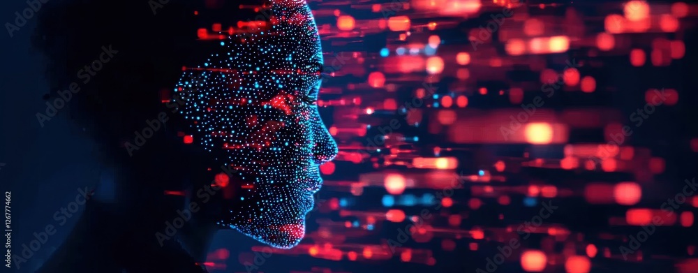 Poster a digital silhouette of a face is surrounded by colorful data streams, representing the intersection