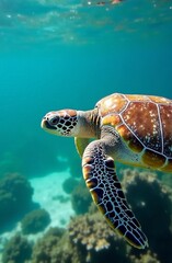 Fototapeta premium Close up of atlantic ridley turtle underwater swimming in light turquoise waters of atlantic ocean on bright sunny day. Vertical concept of atlantic ocean marine life