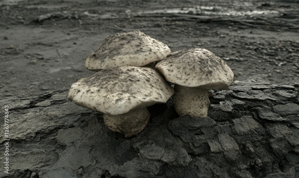Poster three large mushrooms growing on a charred log in a desolate landscape after a wildfire
