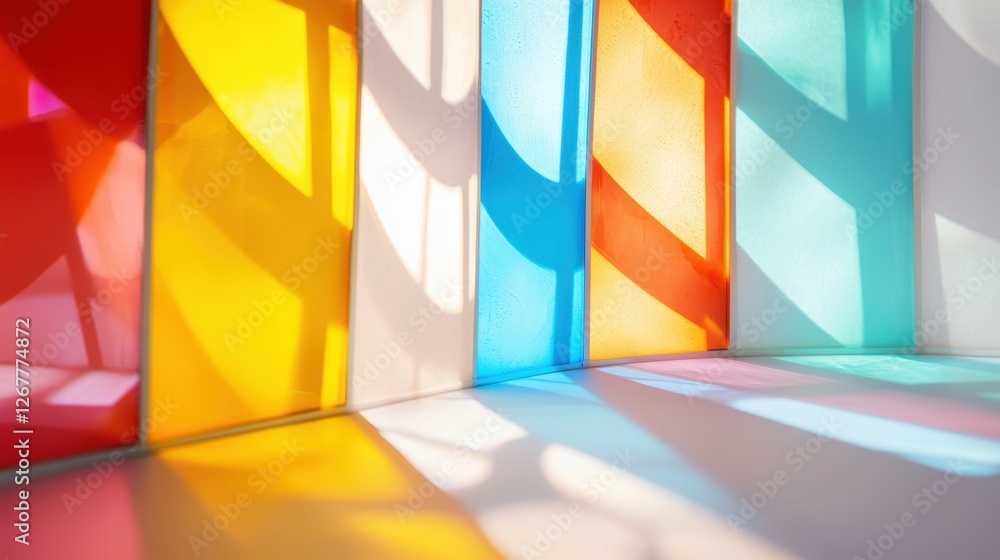 Poster the interplay of light and color in stained glass creating vibrant and dynamic patterns in an indoor
