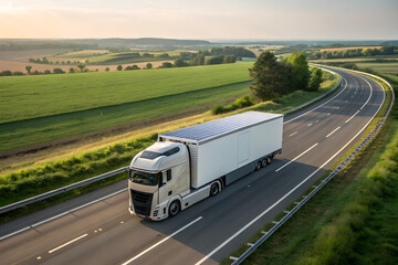Futuristic electric truck on highway, sustainable cargo transportation