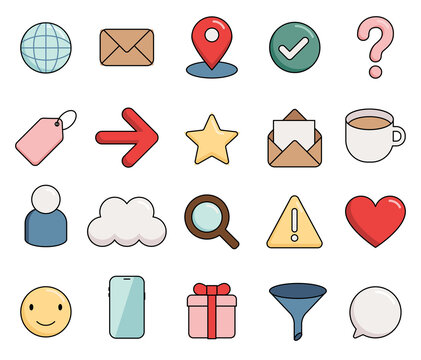 Web Icon Set in 3D Glossy Vector Style. Innovation Technology, Mail, Global Business, Coffee, Search, Cloud, Online Shopping Sale, Smartphone Notification, Arrow Star, Check Mark Funnel and Heart