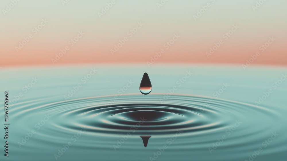 Aufkleber single drop impact creating ripples in calm water during soft sunset light in background