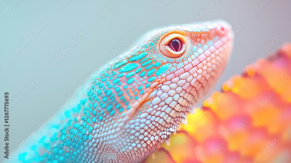 Poster close-up view of shimmering lizard scales with vibrant colors and intricate patterns in light backgr