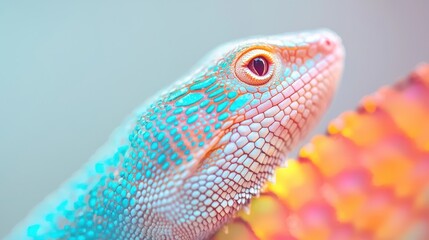 Obraz premium Close-Up View of Shimmering Lizard Scales with Vibrant Colors and Intricate Patterns in Light Background
