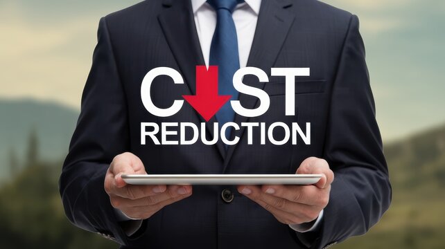 Business man displaying cost reduction concept on a tablet