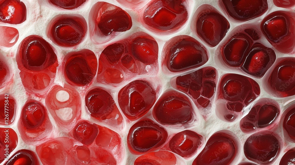 Poster detailed view of the texture of sliced open pomegranate showing juicy red seeds and organic patterns