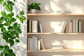 A minimalist bookshelf with books and a potted plant, creating a serene environment.